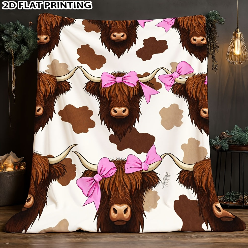 Aonana Highland Cow Pink Bow Print Flannel Throw Blanket