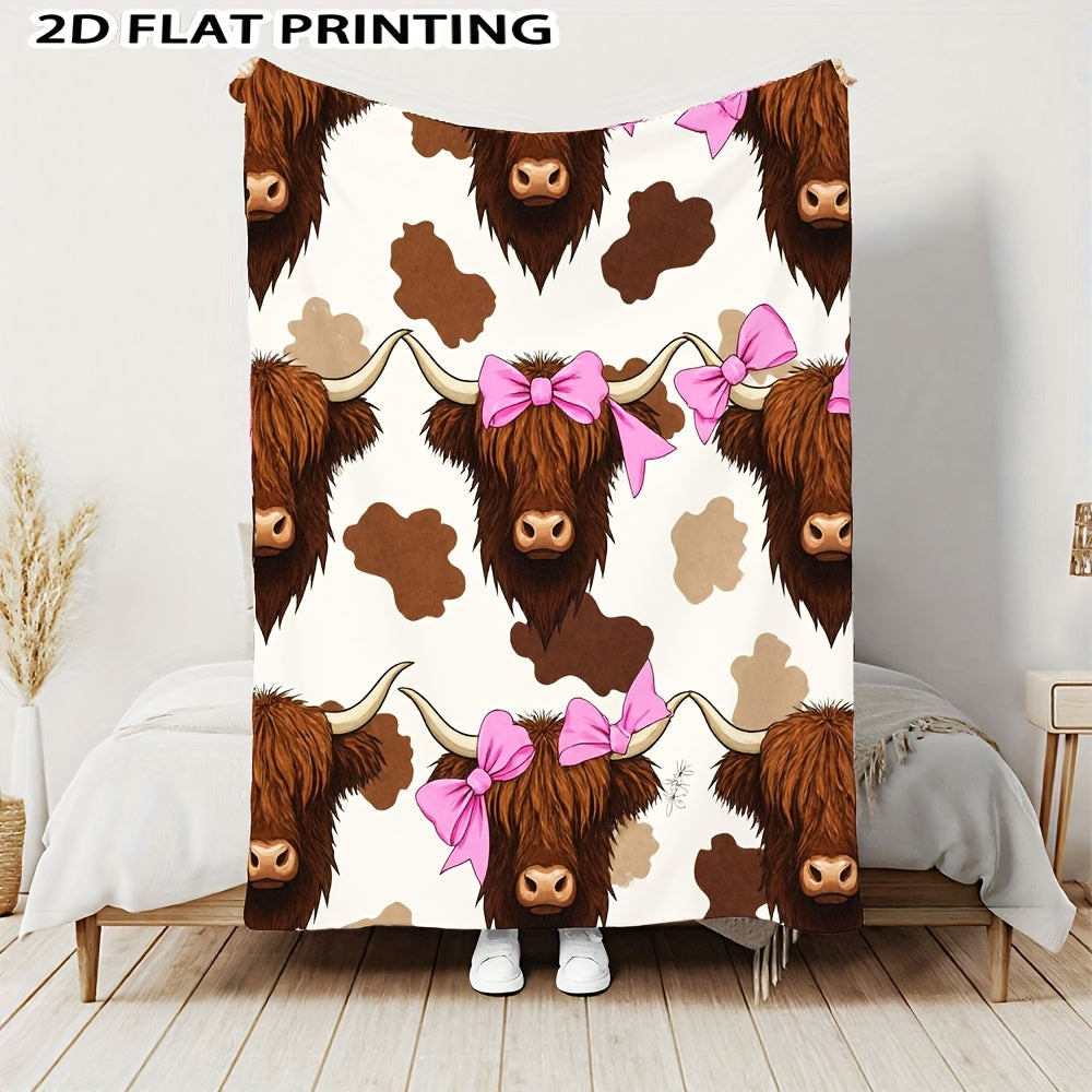 Aonana Highland Cow Pink Bow Print Flannel Throw Blanket