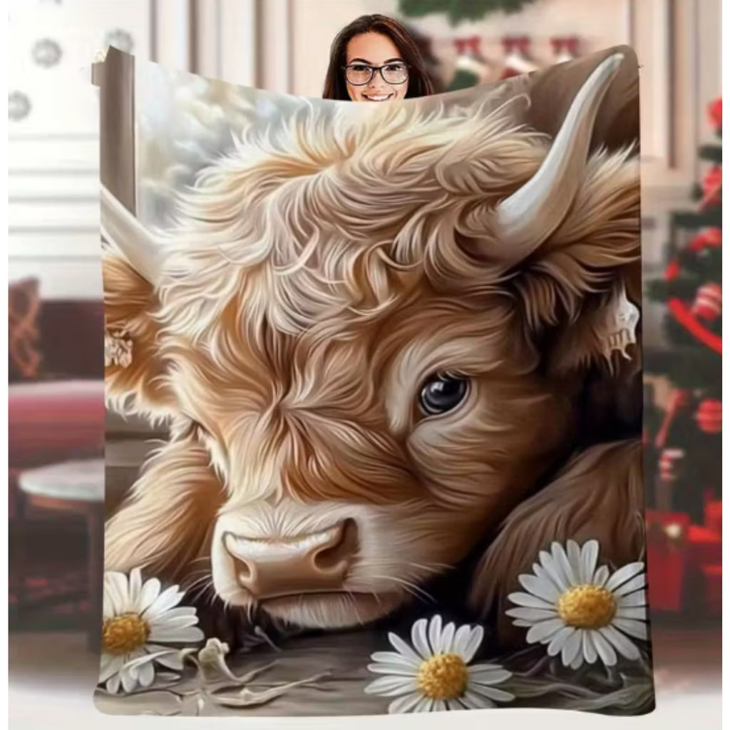 Aonana Highland Cow Daisy Print Flannel Throw Blanket