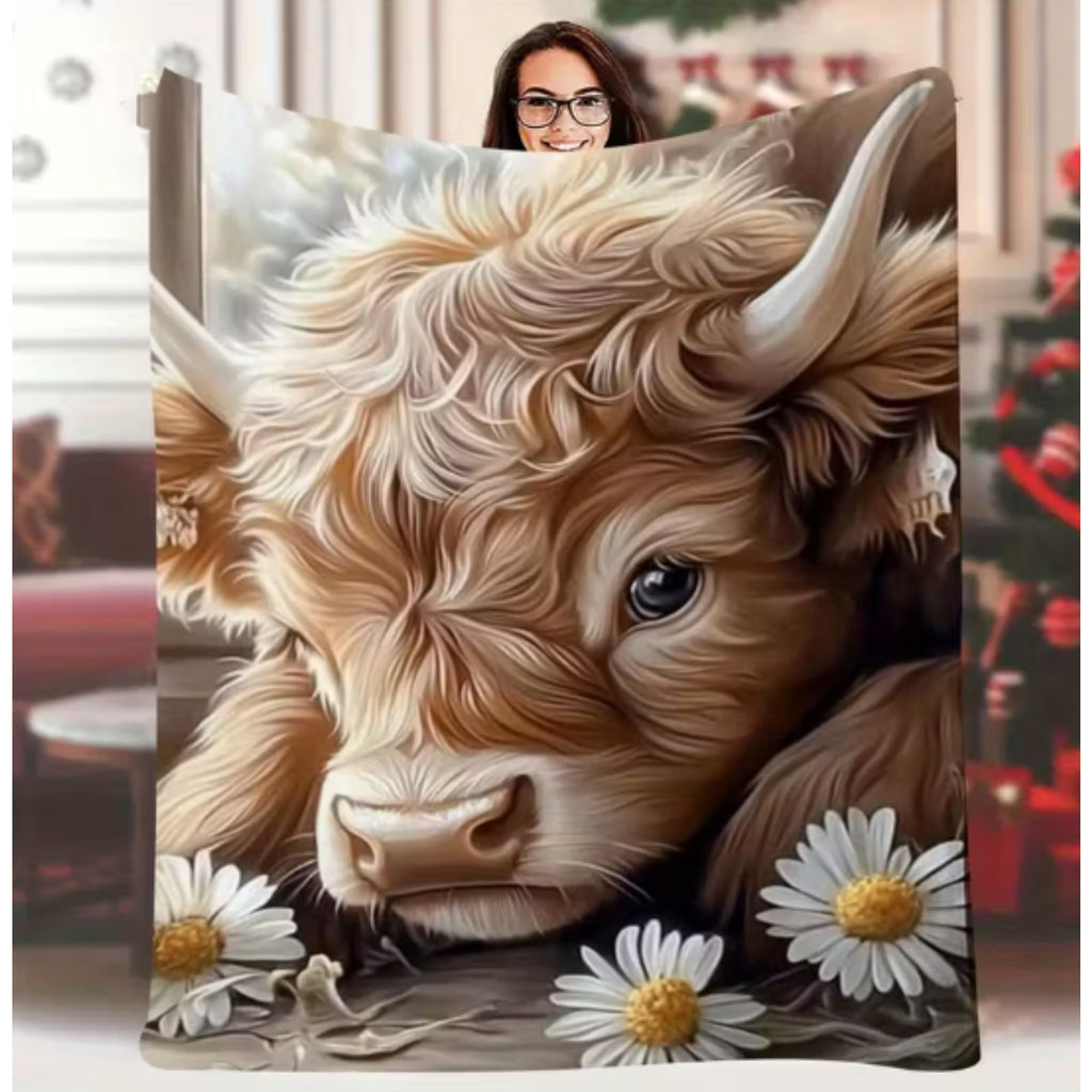 Aonana Highland Cow Daisy Print Flannel Throw Blanket