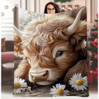 Aonana Highland Cow Daisy Print Flannel Throw Blanket