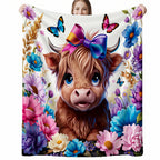 Aonana Highland Cow Butterflies&Flowers Print Flannel Throw Blanket