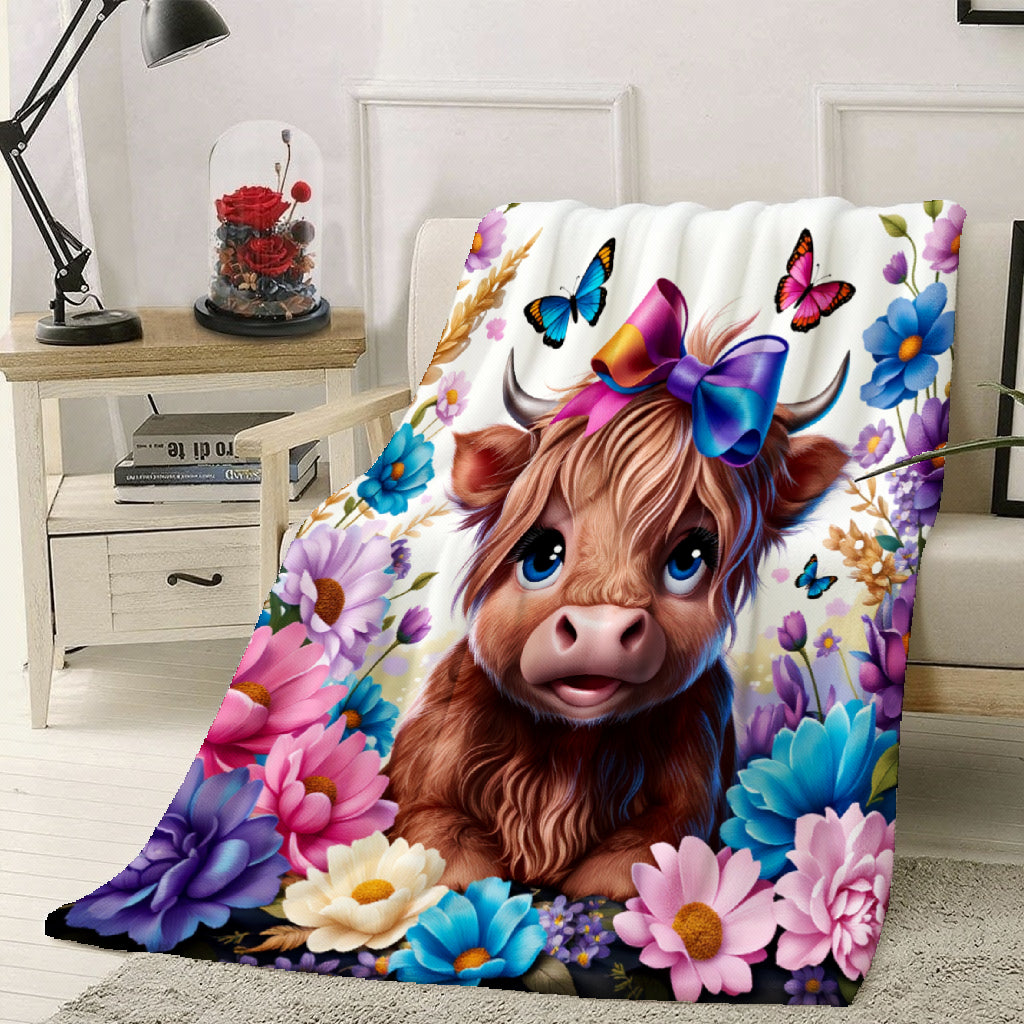 Aonana Highland Cow Butterflies&Flowers Print Flannel Throw Blanket