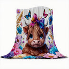Aonana Highland Cow Butterflies&Flowers Print Flannel Throw Blanket