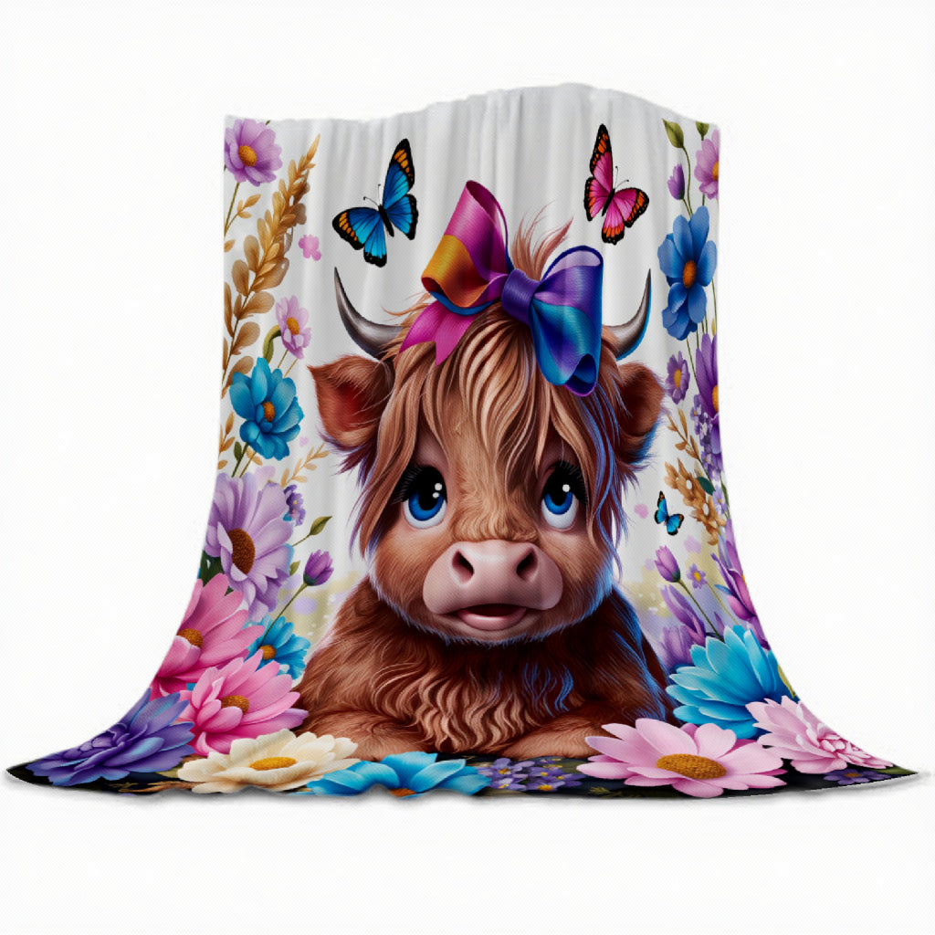 Aonana Highland Cow Butterflies&Flowers Print Flannel Throw Blanket