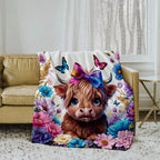 Aonana Highland Cow Butterflies&Flowers Print Flannel Throw Blanket