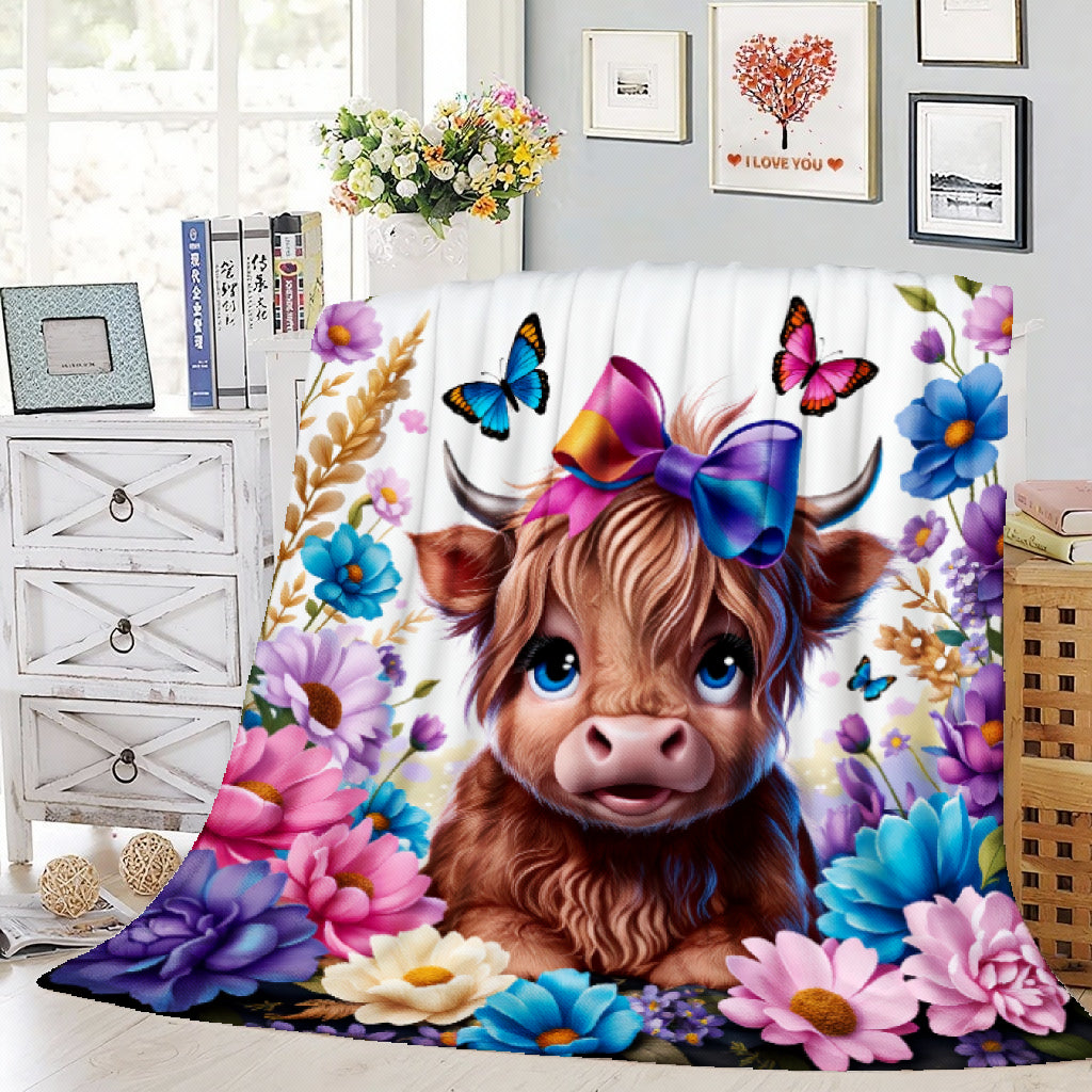 Aonana Highland Cow Butterflies&Flowers Print Flannel Throw Blanket