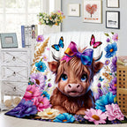 Aonana Highland Cow Butterflies&Flowers Print Flannel Throw Blanket