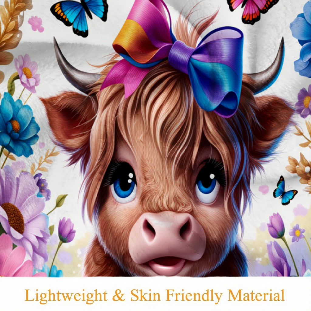 Aonana Highland Cow Butterflies&Flowers Print Flannel Throw Blanket
