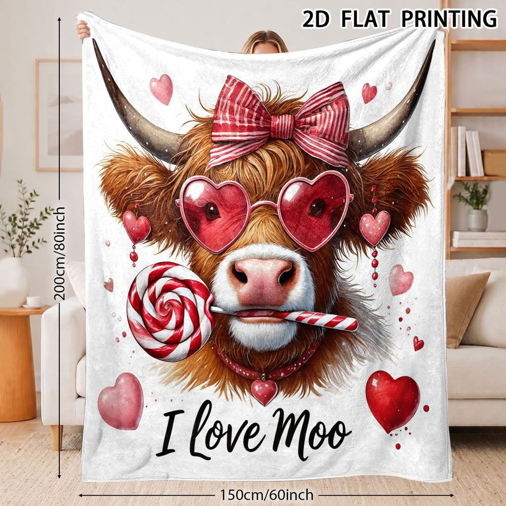 Aonana Highland Cow with Lollipop And Heart Glasses Flannel Throw Blanket