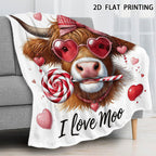 Aonana Highland Cow with Lollipop And Heart Glasses Flannel Throw Blanket