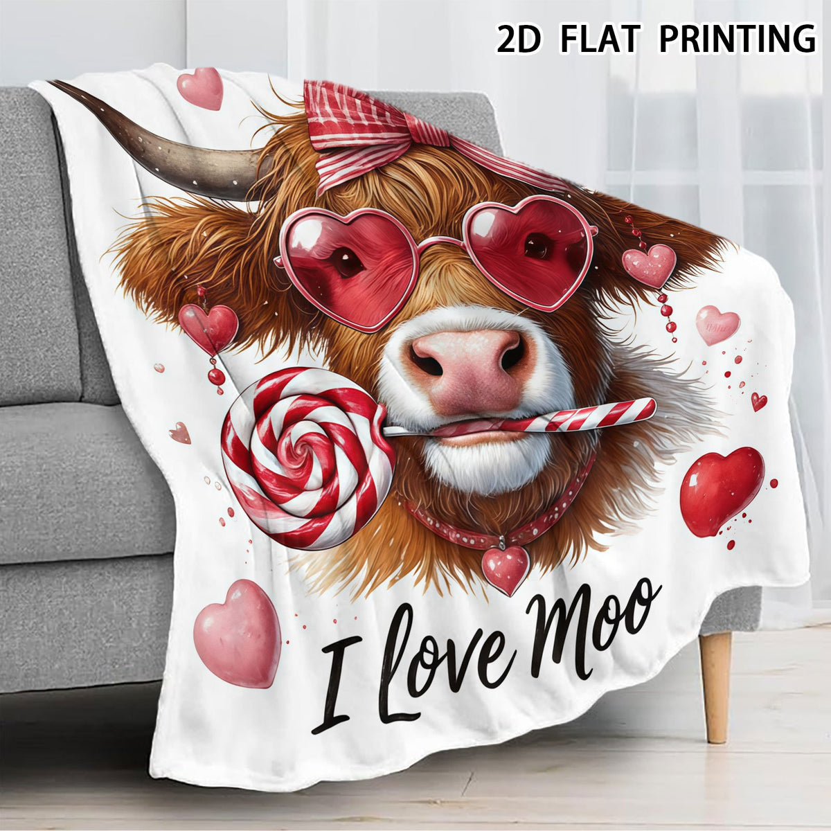 Aonana Highland Cow with Lollipop And Heart Glasses Flannel Throw Blanket