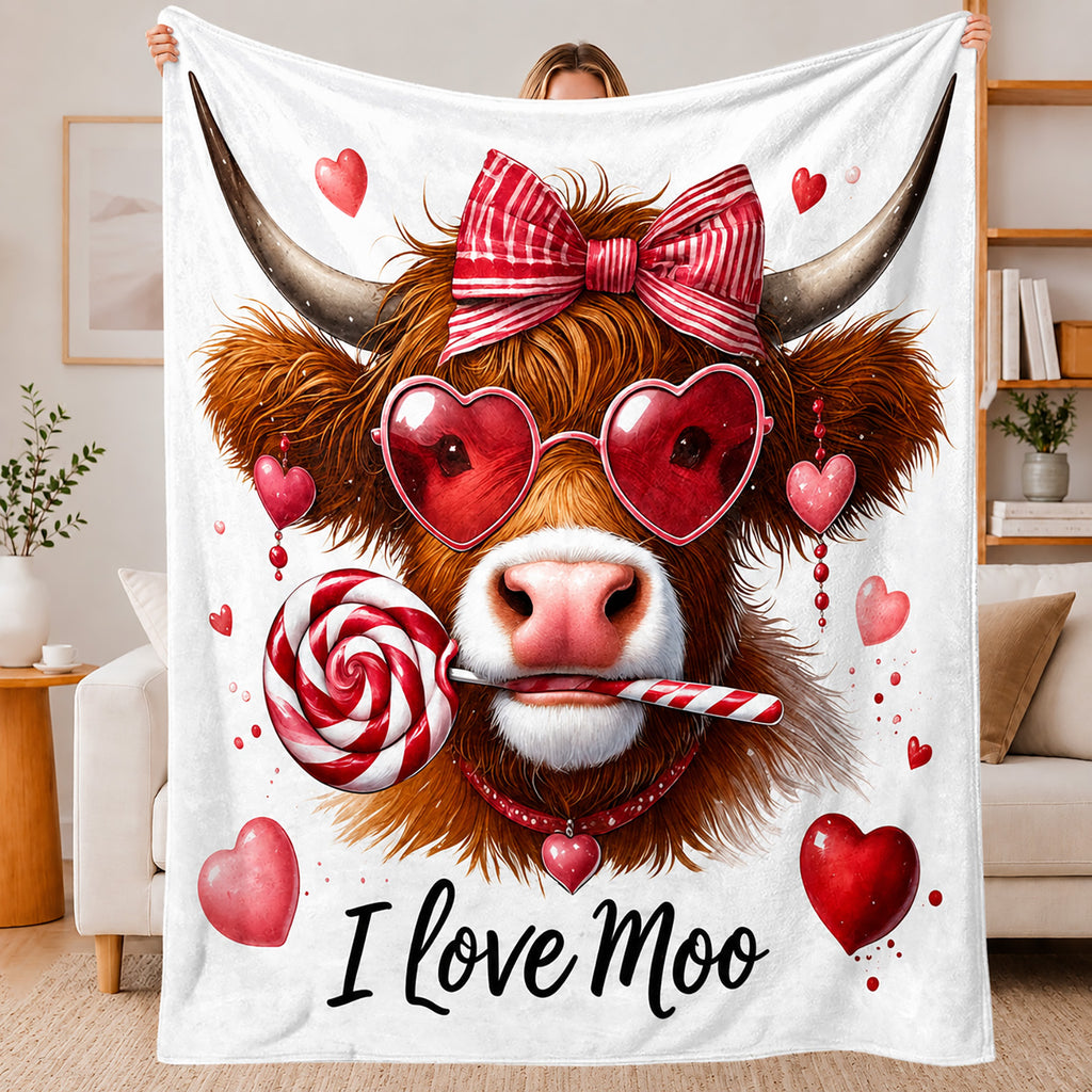 Aonana Highland Cow with Lollipop And Heart Glasses Flannel Throw Blanket