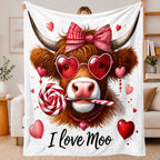 Aonana Highland Cow with Lollipop And Heart Glasses Flannel Throw Blanket