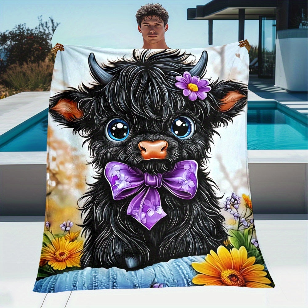 Aonana Black Bow Floral Highland Cow Flannel Throw Blanket