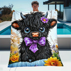 Aonana Black Bow Floral Highland Cow Flannel Throw Blanket