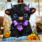 Aonana Black Bow Floral Highland Cow Flannel Throw Blanket