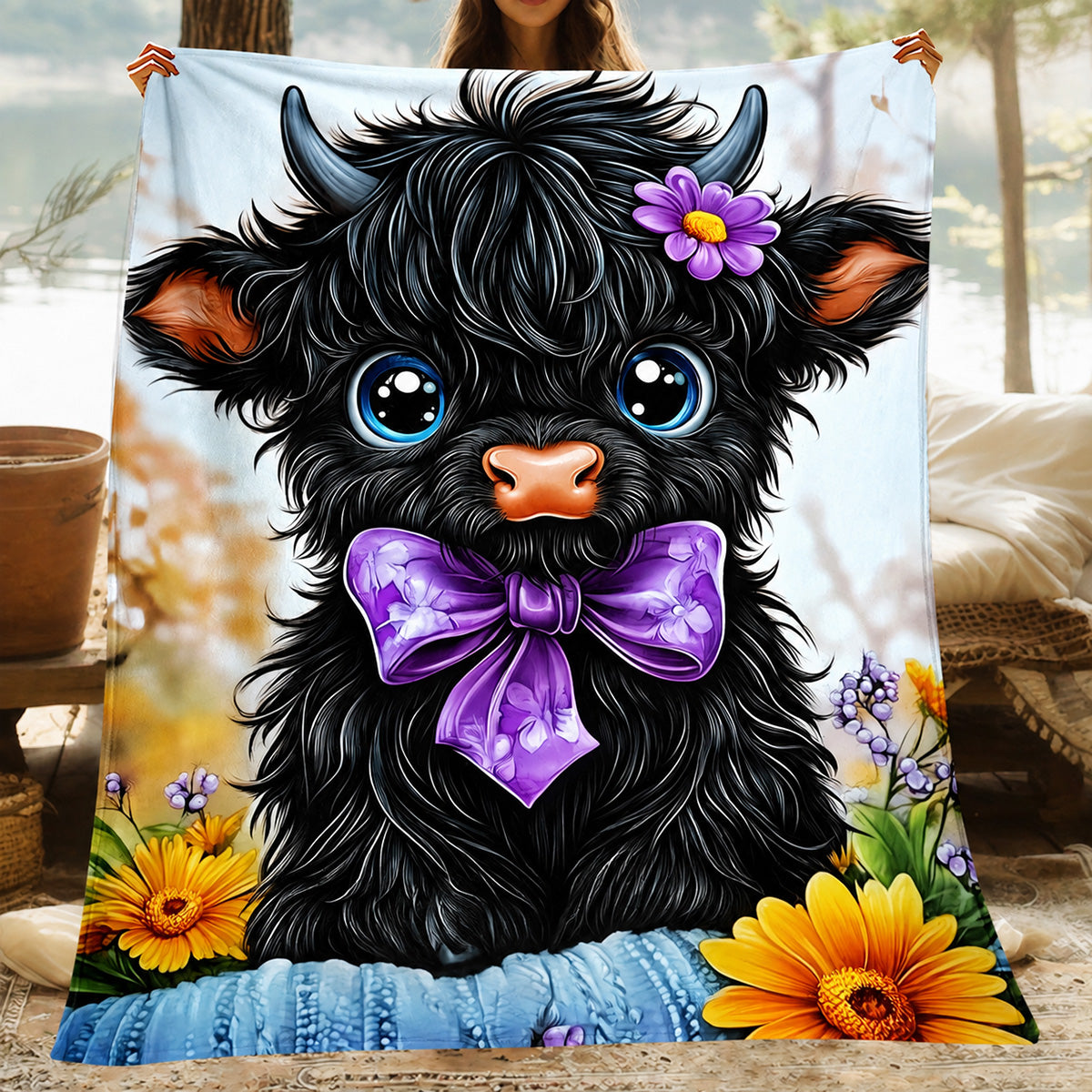 Aonana Black Bow Floral Highland Cow Flannel Throw Blanket