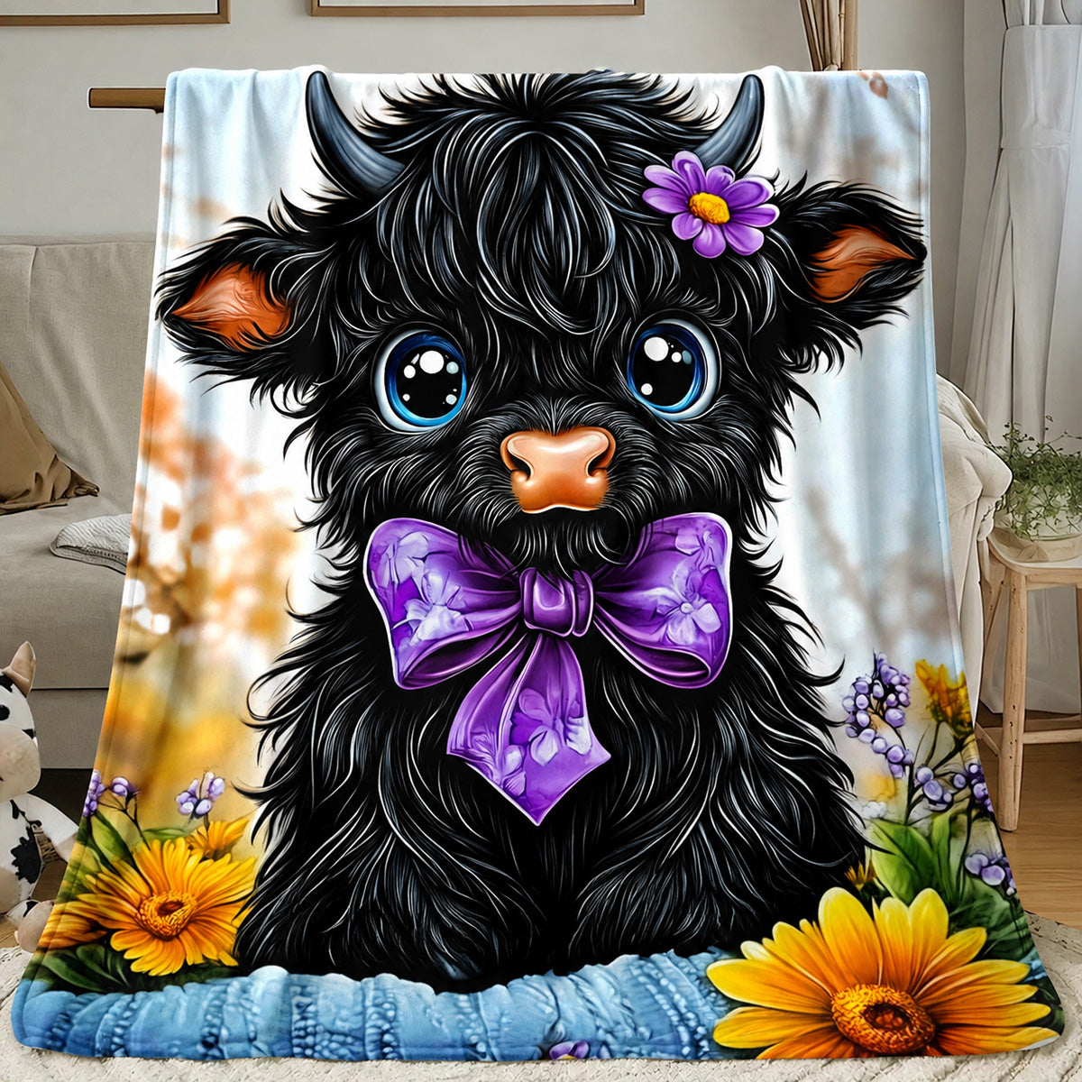 Aonana Black Bow Floral Highland Cow Flannel Throw Blanket