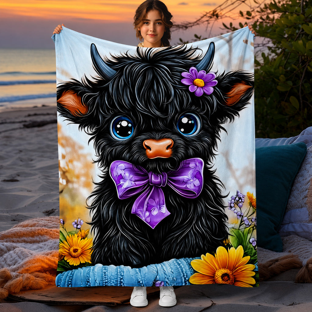 Aonana Black Bow Floral Highland Cow Flannel Throw Blanket