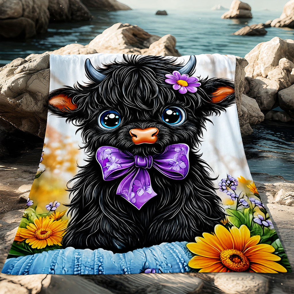 Aonana Black Bow Floral Highland Cow Flannel Throw Blanket