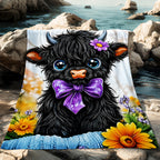 Aonana Black Bow Floral Highland Cow Flannel Throw Blanket
