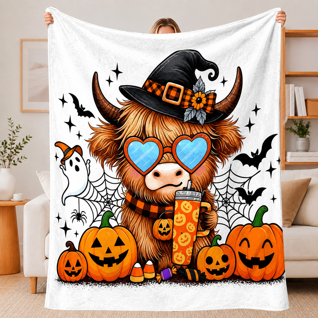 Aonana Halloween Highland Cow with Witch Hat Flannel Throw Blanket