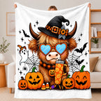 Aonana Halloween Highland Cow with Witch Hat Flannel Throw Blanket
