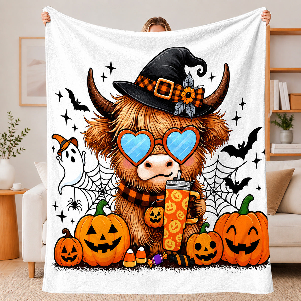 Aonana Halloween Highland Cow with Witch Hat Flannel Throw Blanket