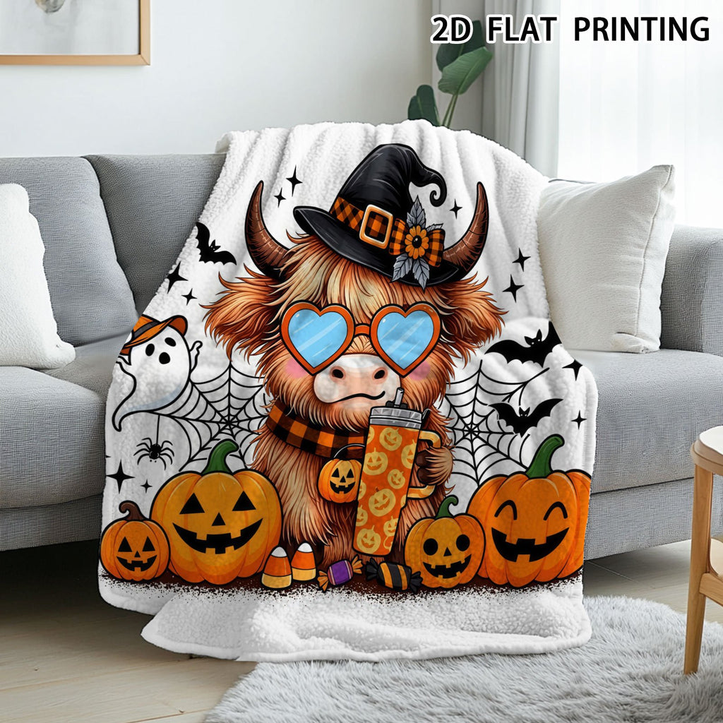 Aonana Halloween Highland Cow with Witch Hat Flannel Throw Blanket