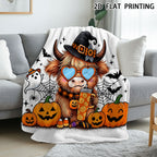 Aonana Halloween Highland Cow with Witch Hat Flannel Throw Blanket