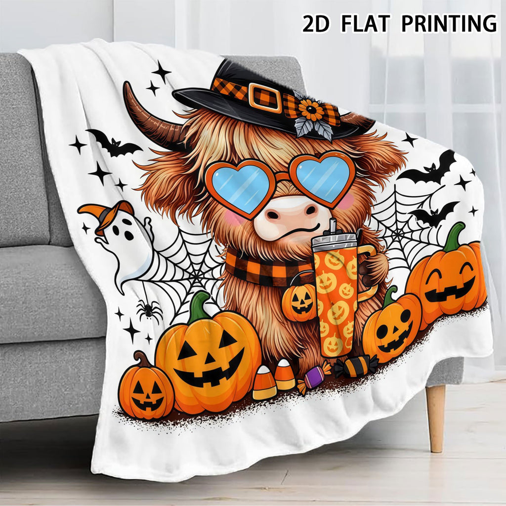 Aonana Halloween Highland Cow with Witch Hat Flannel Throw Blanket