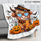 Aonana Halloween Highland Cow with Witch Hat Flannel Throw Blanket