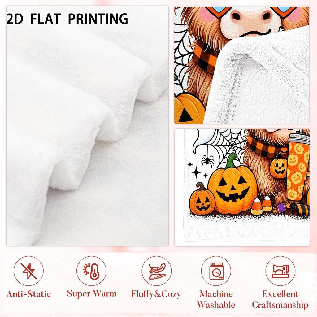 Aonana Halloween Highland Cow with Witch Hat Flannel Throw Blanket