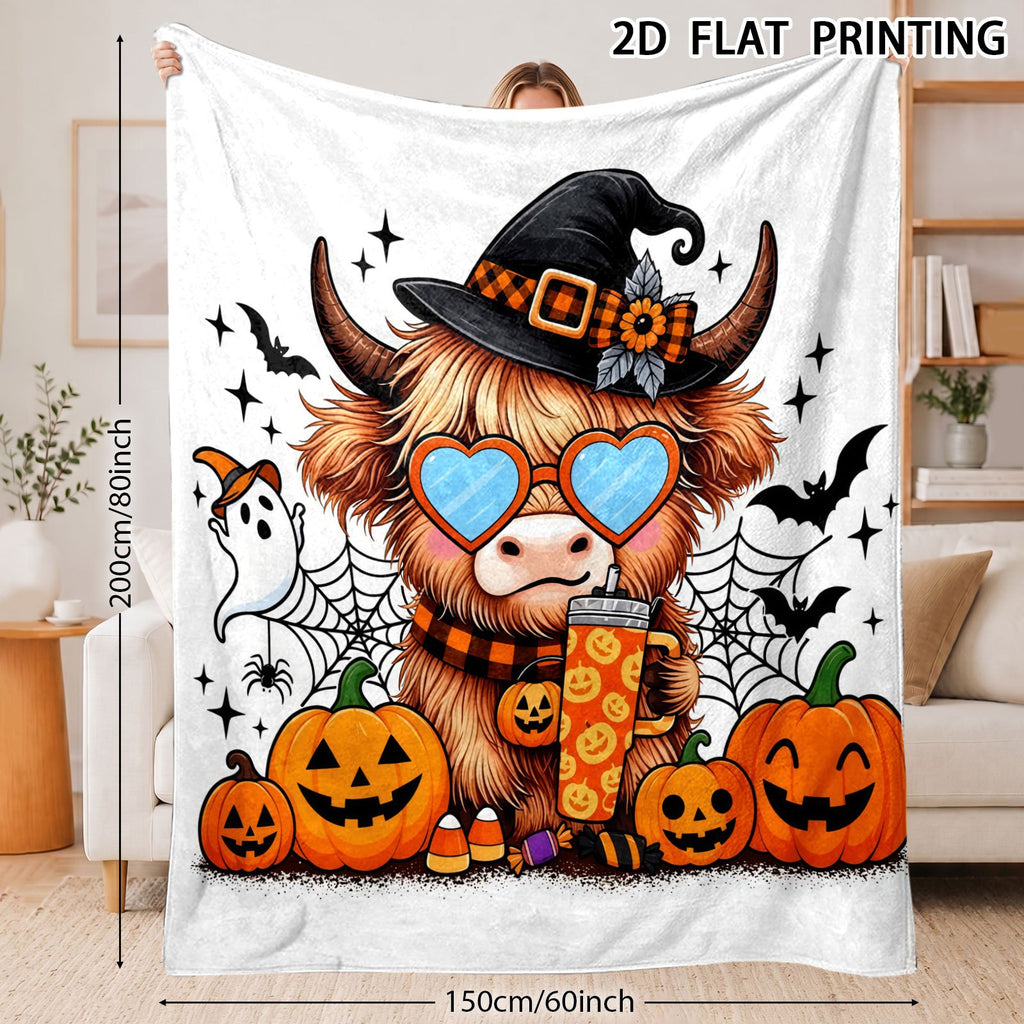 Aonana Halloween Highland Cow with Witch Hat Flannel Throw Blanket