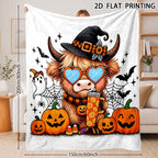 Aonana Halloween Highland Cow with Witch Hat Flannel Throw Blanket