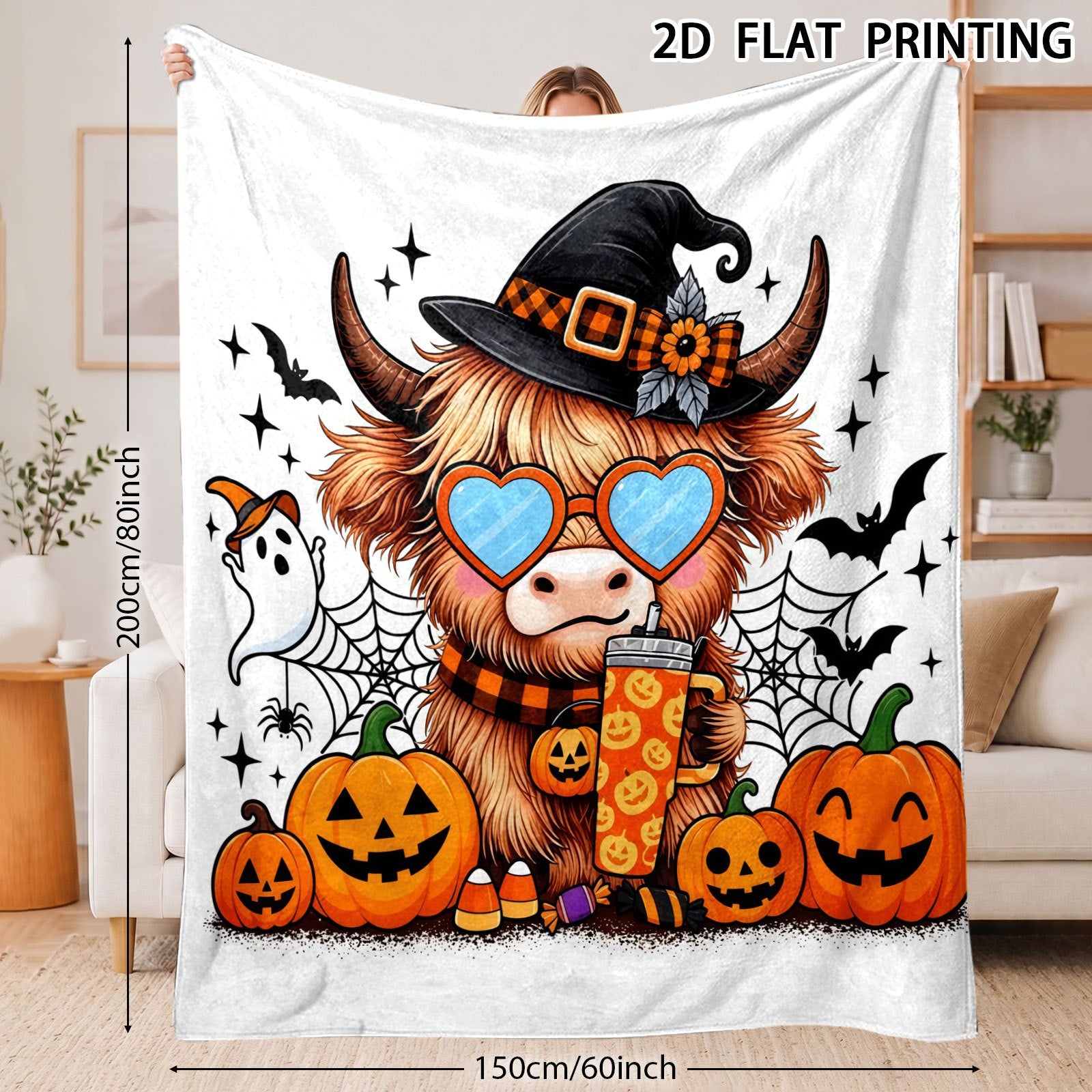 Aonana Halloween Highland Cow with Witch Hat Flannel Throw Blanket
