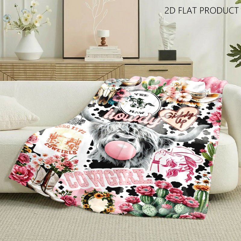 Aonana Highland Cow Cowgirl Western Cozy Flannel Throw Blanket