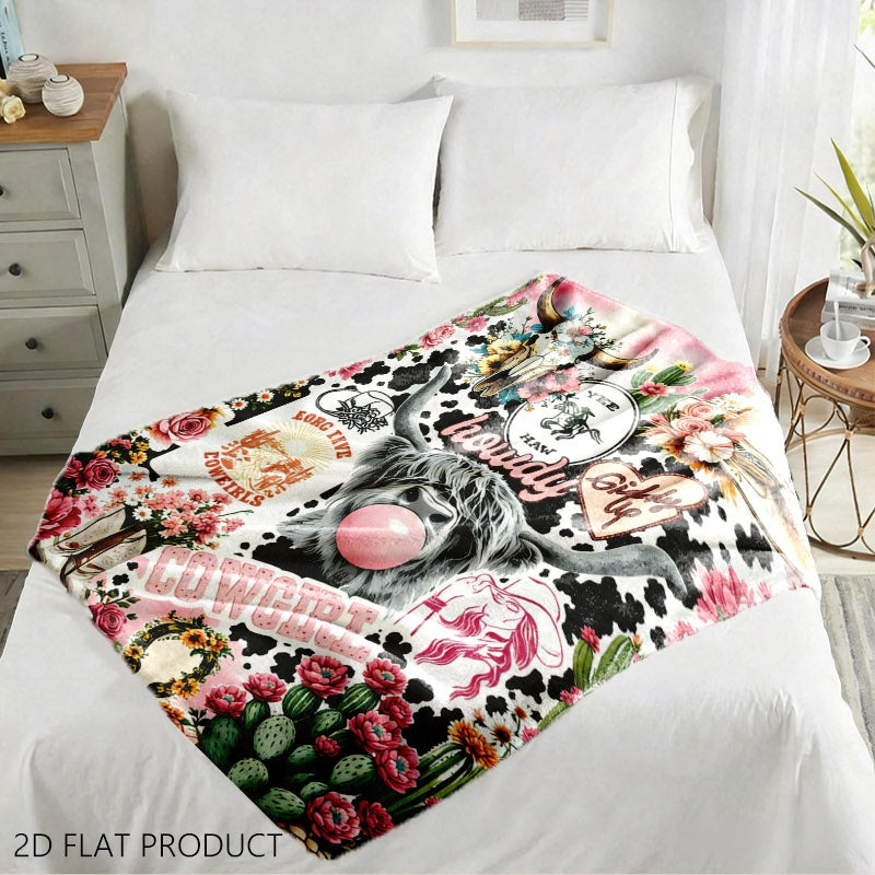 Aonana Highland Cow Cowgirl Western Cozy Flannel Throw Blanket