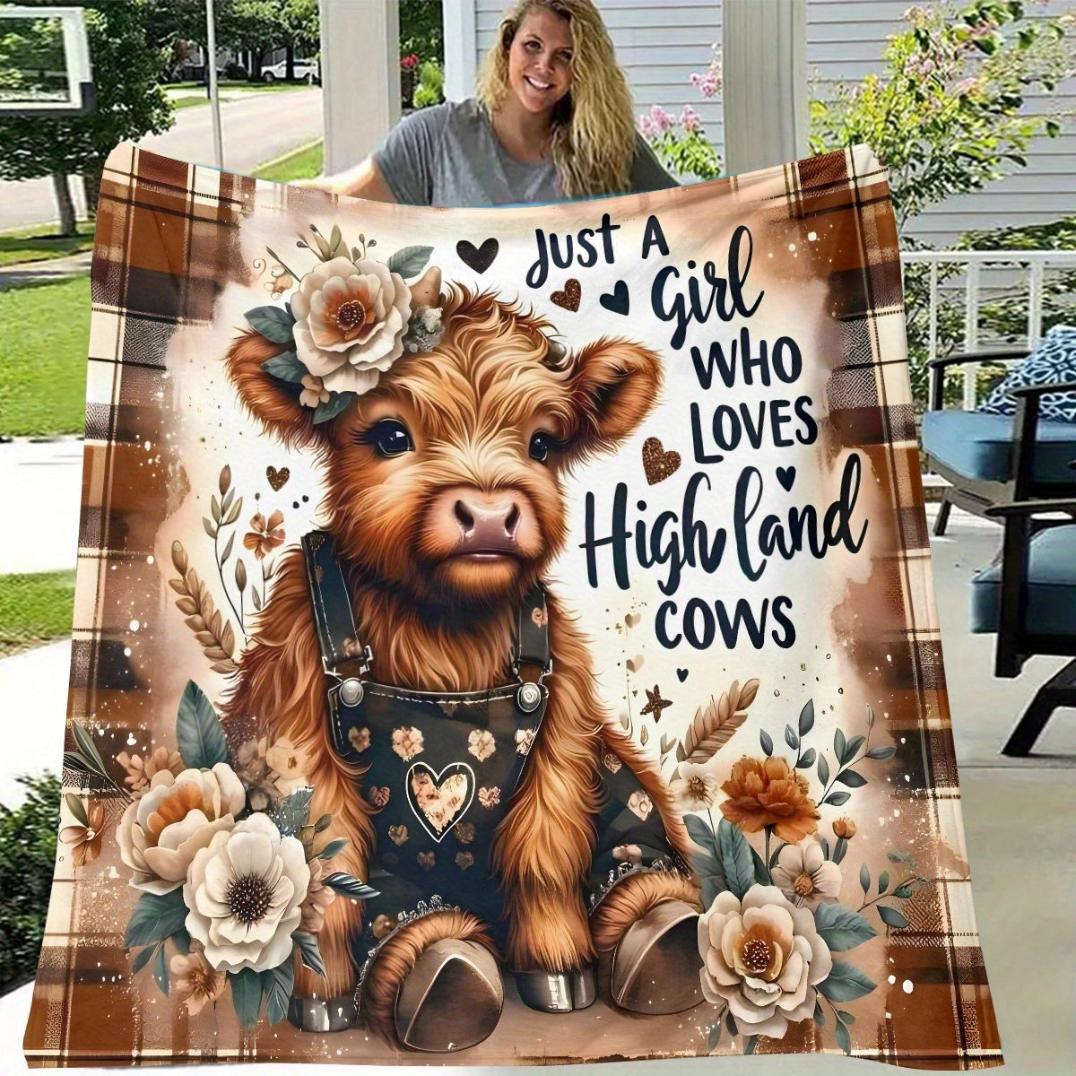 Aonana Floral Highland Cow Flannel Blanket