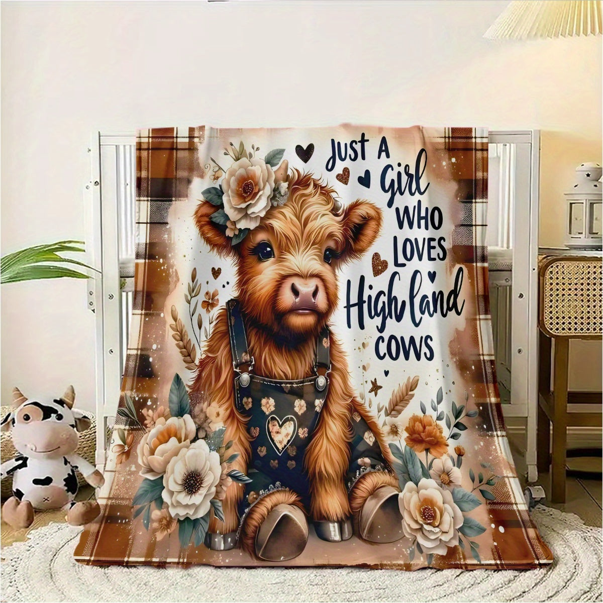 Aonana Floral Highland Cow Flannel Blanket