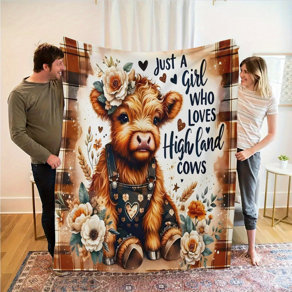 Aonana Floral Highland Cow Flannel Blanket