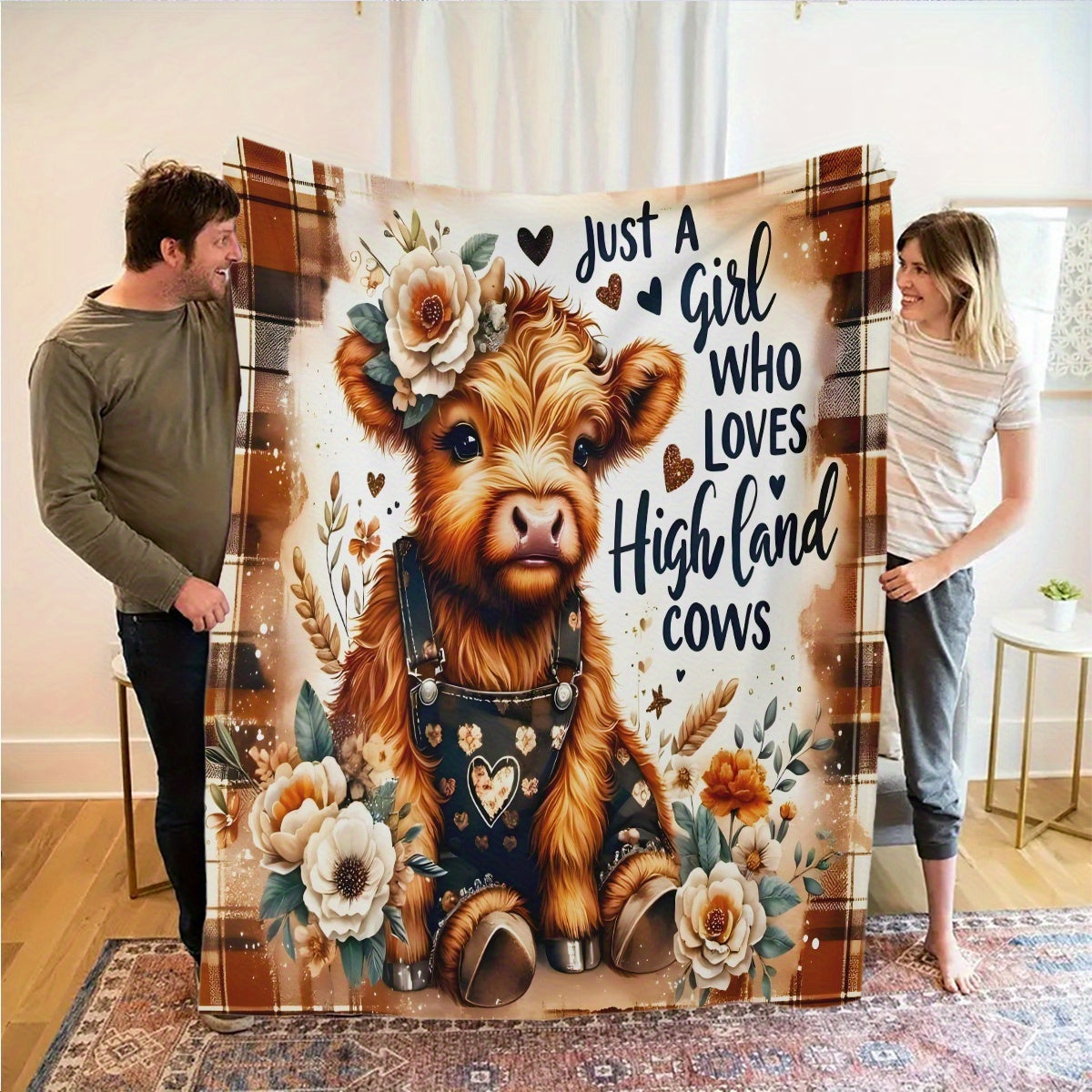 Aonana Floral Highland Cow Flannel Blanket