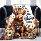 Aonana Floral Highland Cow Flannel Blanket