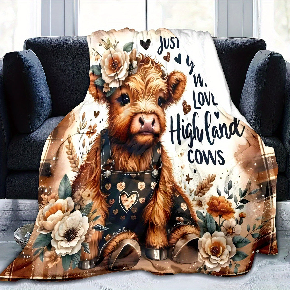 Aonana Floral Highland Cow Flannel Blanket