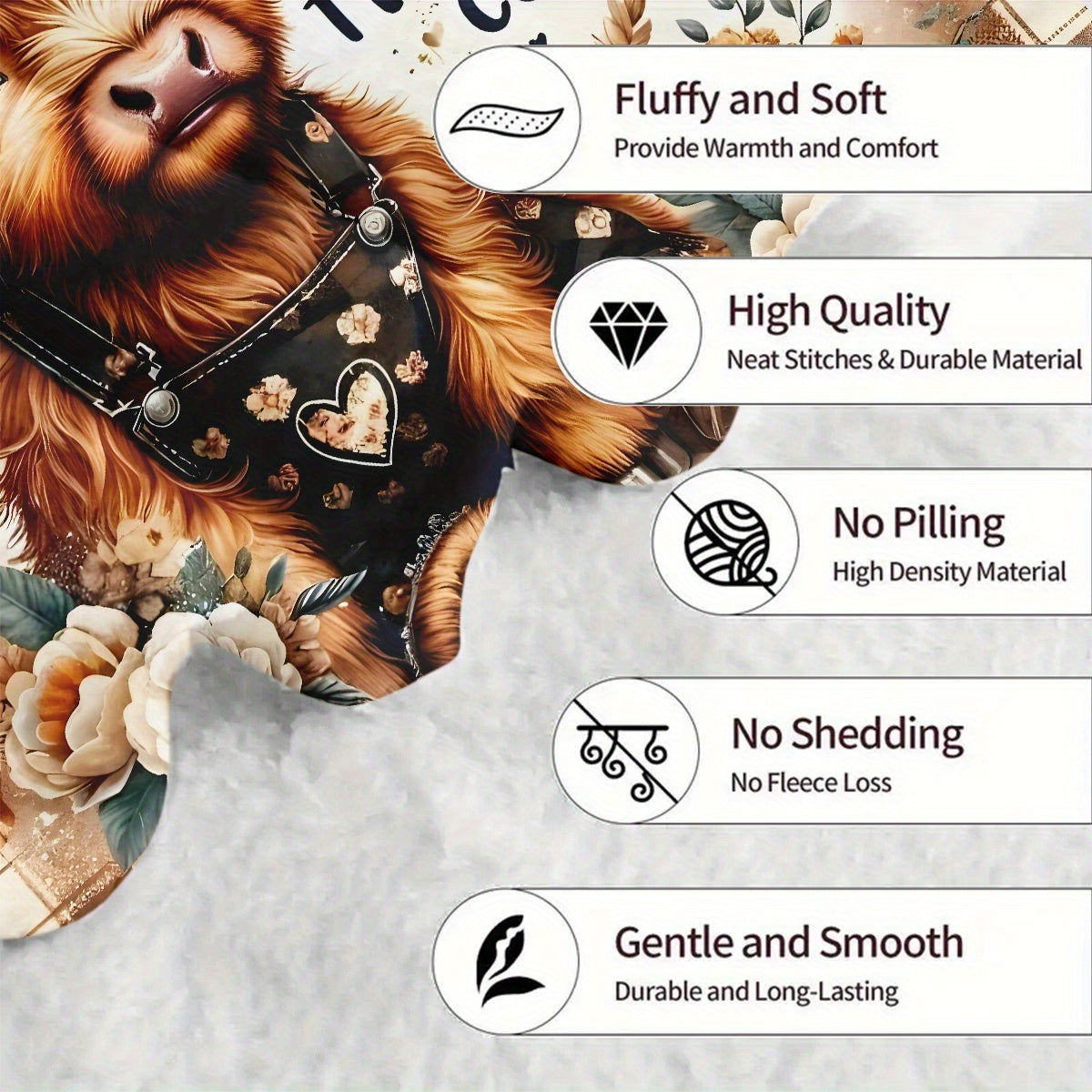 Aonana Floral Highland Cow Flannel Blanket