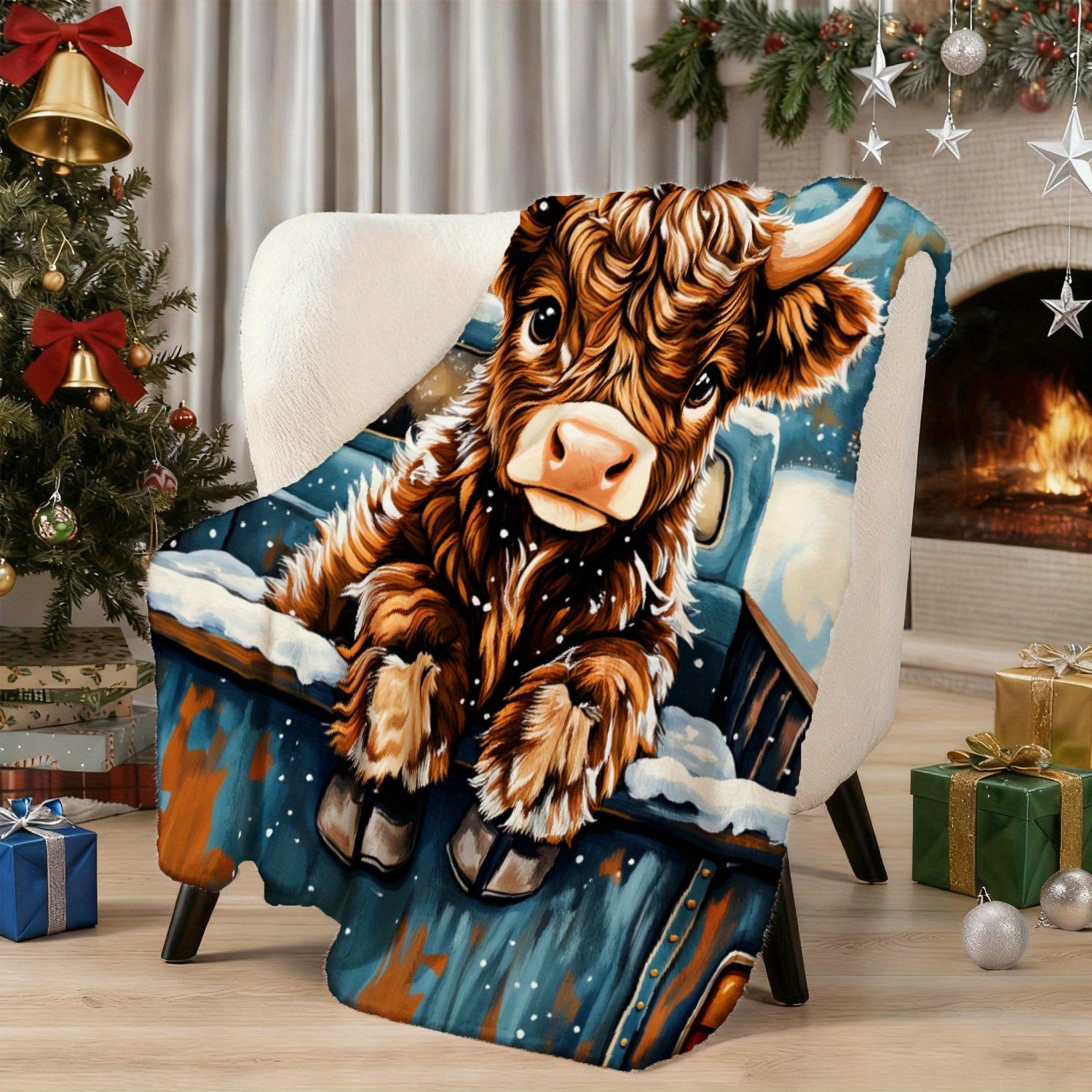 Aonana Truck Highland Cow Flannel Blanket