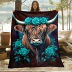 Aonana Blue Rose Highland Cow Flannel Blanket