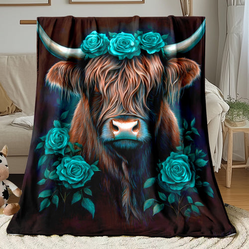 Aonana Blue Rose Highland Cow Flannel Blanket