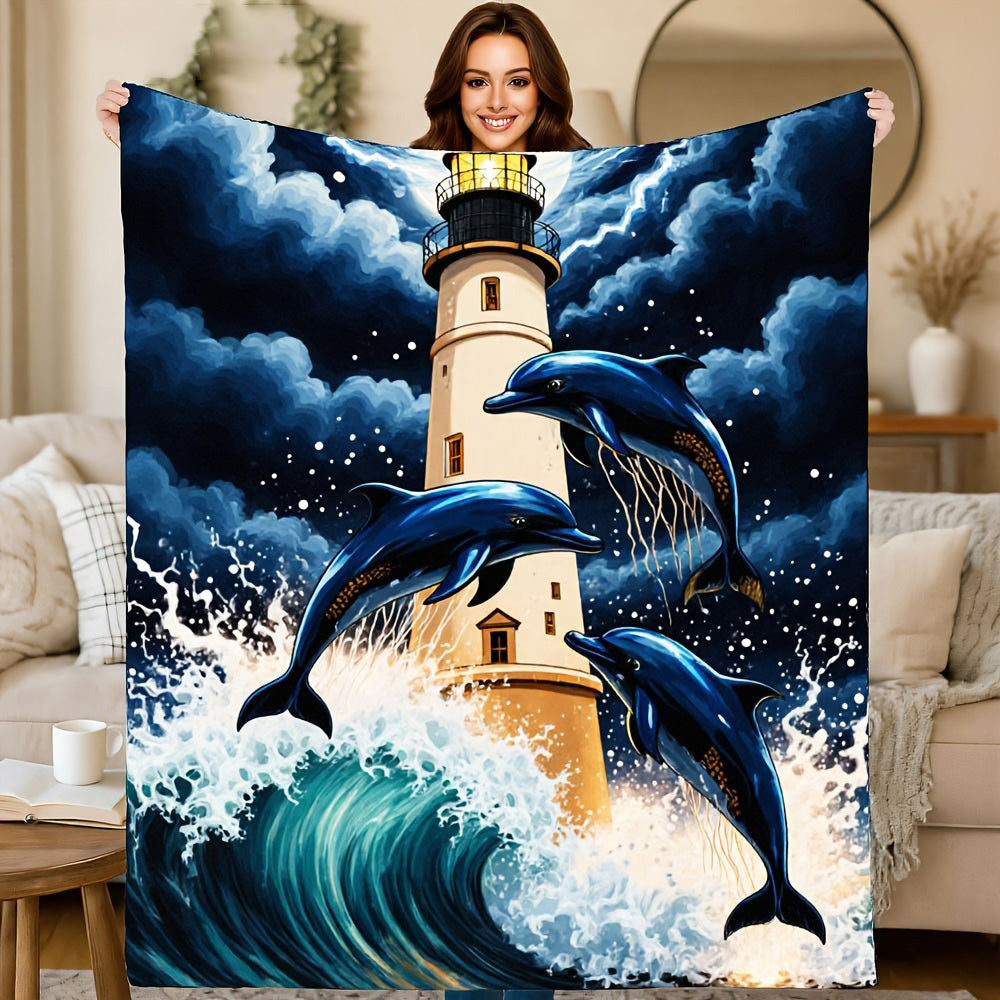Aonana Lighthouse & Dolphins Print Cozy Flannel Throw Blanket